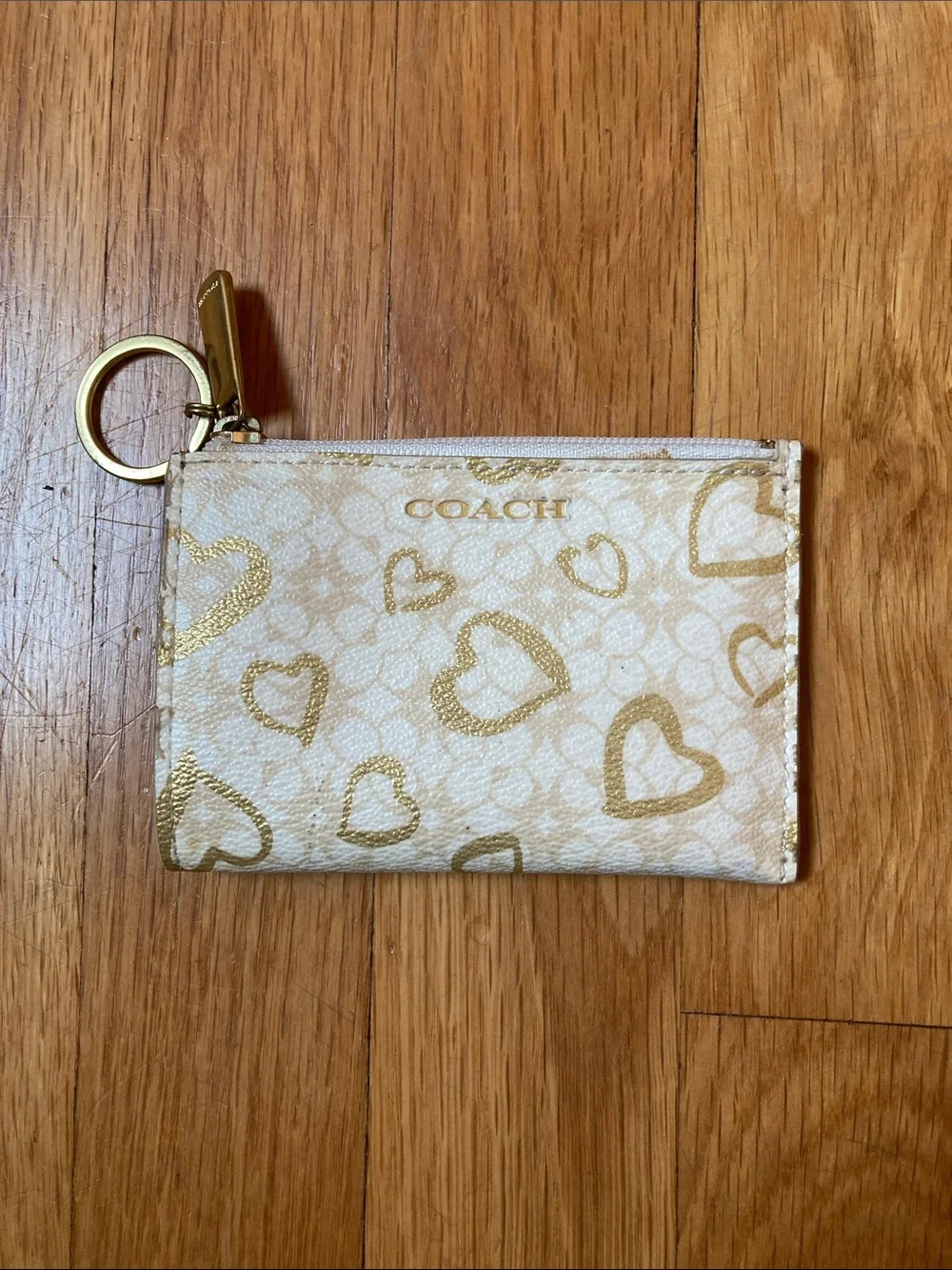 Coach Cream Card Case with Gold Heart Print and Keyring